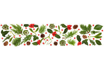 Traditional Christmas winter holly berry, mistletoe and greenery background border on white, Festive decorative design for holiday season.