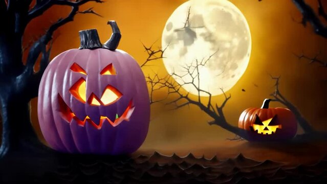 Full moon dark background and two giant glowing pumpkins, a Halloween illustrated, animated spooky short film.