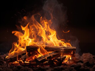 fire in the fireplace, burning wood, blazing campfire, ai generated