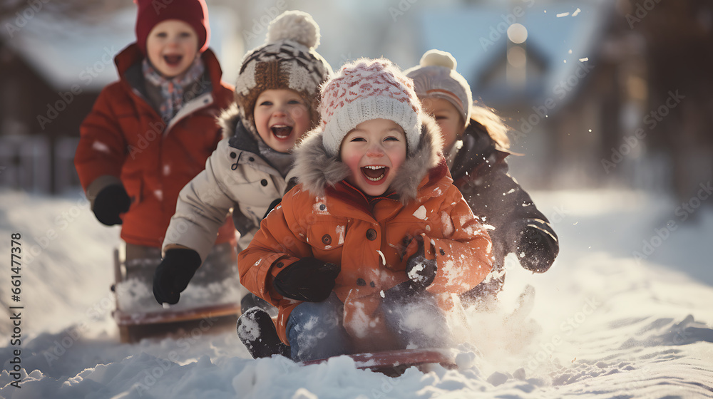 Wall mural children / Kids playing on a Sled winter vacation, snow. 