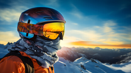 snowboarder / skier with helmet goggles on in the mountains on wintersport.  - obrazy, fototapety, plakaty