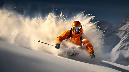 skier on the slope in the mountains. In the snow on wintersport.  - obrazy, fototapety, plakaty