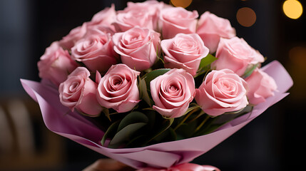 bouquet of Pink roses in a hand. Wrapped in wrapping paper. Vibrant and rich lighting. 