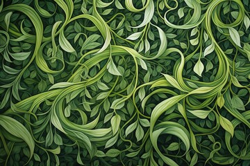 abstract floral pattern green liana interweaving background, exotic tropical wall with green leaves and branches - obrazy, fototapety, plakaty
