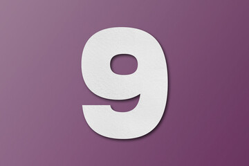White paper font number 9 isolated on dark purple background.