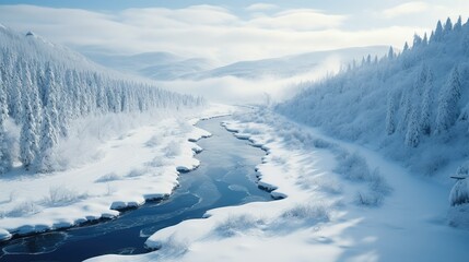 Obraz premium frozen river winding through a snow-covered valley
