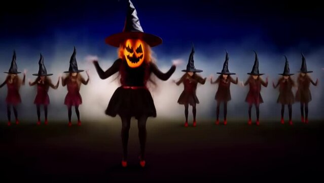 Dancing witches on a dark background, a Halloween illustrated, animated spooky short film.