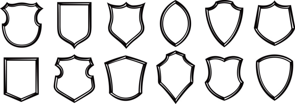 Badge shapes. Shields set. Patch template, different insignia badges backgrounds and vintage label frame vector set. Security or emergency service patches, protective shield isolated collection