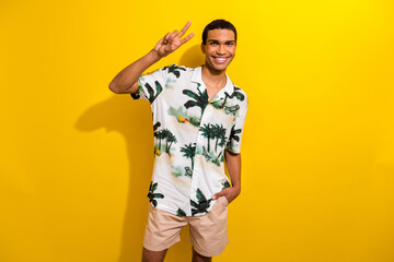 Fototapeta premium Portrait of pleasant funky guy with ring in nose wear print clothes showing v-sign hand in pocket isolated on yellow color background