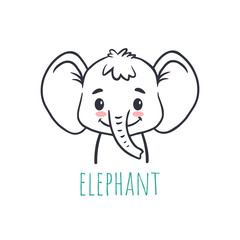funny elephant cartoon style. Flat animal. Doodle illustration of elephant head for cards, magazins, banners. 