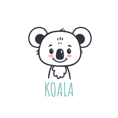 funny koala in cartoon style. Flat animal. Doodle illustration of koala head for cards, magazins, banners.