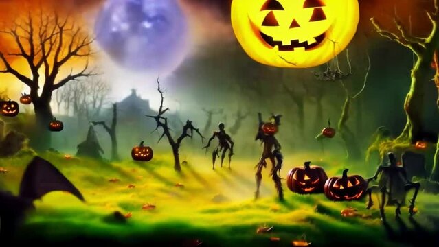 Moving dark creatures glowing pumpkins and pumpkin-headed people, a Halloween illustrated animated spooky short movie.