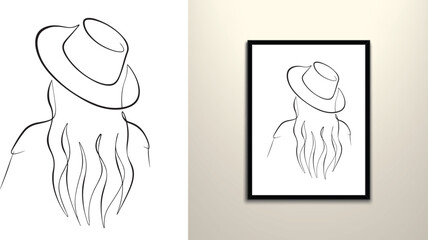 hat wearing beautiful girl line drawing art