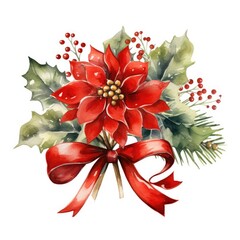Watercolor Christmas bouquet with poinsettia, fir branches, berries, holly, berries. Hand painted illustration isolated on white background
, ai generative
