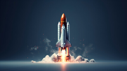 Rocket launch into space. Modern digital rocket launching on grey background