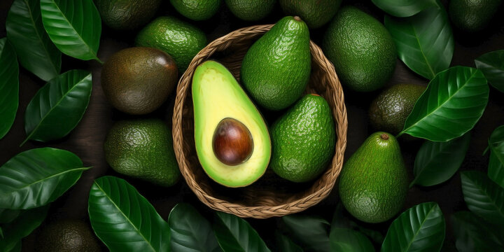 Top view of a variety of avocados in a wooden basket on a green leaf background.
