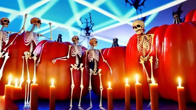 Five human skeletons leaning against large pumpkins opposite them burning candles, a Halloween illustrated animated spooky short movie.