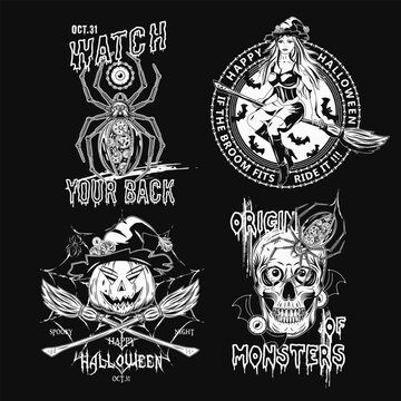 Set of halloween labels with monsters, steampunk mechanical spider, beautiful young witch on broom, pumpkin head, human skull with red eyes. Black and white emblems on black background