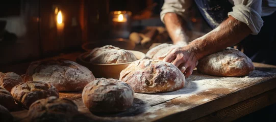 Gordijnen baker's hands baking bread close-up banner Generative AI © Denis S