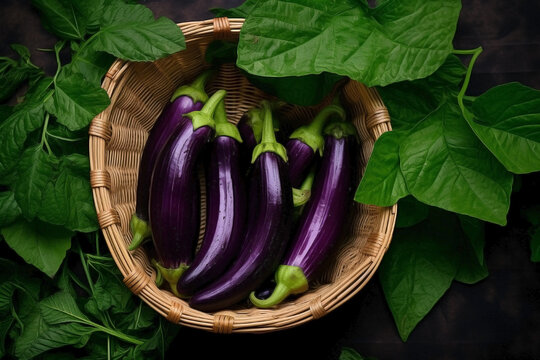 Top view of an assortment of eggplants in a wooden basket on a green leaf background.