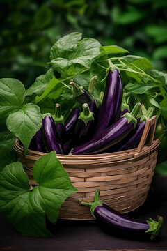 Top view of a medley of eggplants in a wooden basket on a green leaf background.