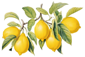 Botanical illustration, branch with lemons and leaves, vintage plant illustration.