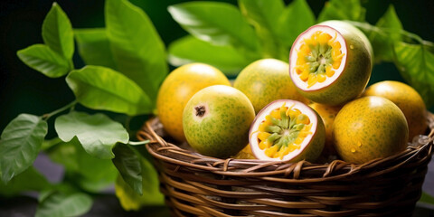 Top view of an assemblage of passion fruits in a wooden basket on a green leaf background.