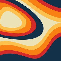 Abstract retro style waves geometrical pattern illustration with red, orange, yellow and beige striped waves decoration on dark blue background - 661480758