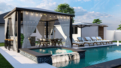 3D modeling and rendering of swimming pool design.