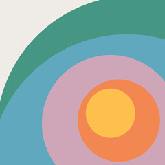 Abstract illustration of colorful retro style circles in blue, turquoise, purple, yellow and orange colors on gray background - 661480997
