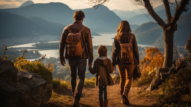 Adventurous family exploring scenic hiking trail