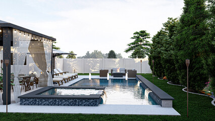 3D modeling and rendering of swimming pool design.