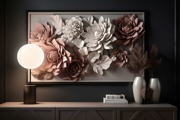 Contemporary 3D artwork featuring a floral mural on a modern wall frame with light background. Generative AI