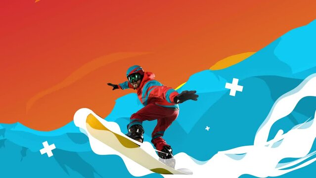 Downhill. Stop motion, animation. Creative artwork. Professional sportsman, snowboarder in sportswear snowboarding isolated bright background. Winter sports, speed, energy, extreme sport concept
