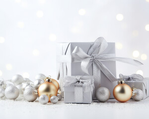 Fototapeta na wymiar Christmas silver and gold balls and silver gift boxes on a white background