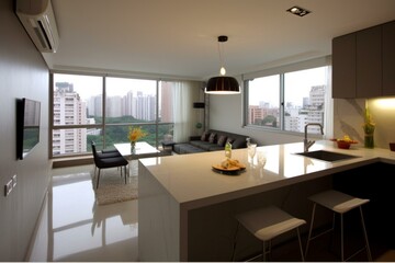 Elegant apartments showcasing Brazilian design and modern kitchens. Generative AI