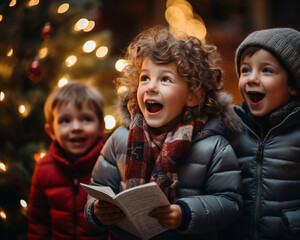 Cheerful children sing carols on the street