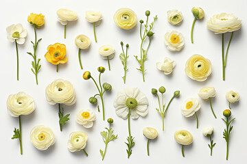 Buttercup flower arrangement, isolated on transparent, flat lay - obrazy, fototapety, plakaty