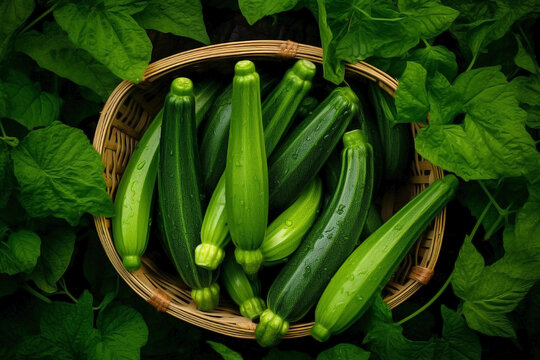 Top view of a medley of zucchini in a wooden basket on a green leaf background.