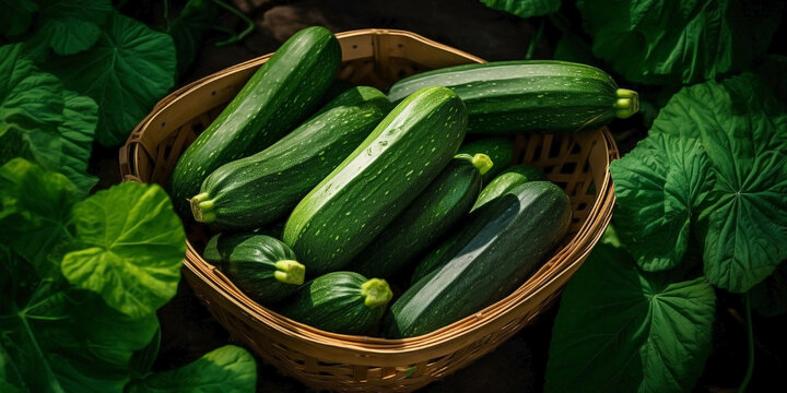 Top view of a selection of zucchini in a wooden basket on a green leaf background.