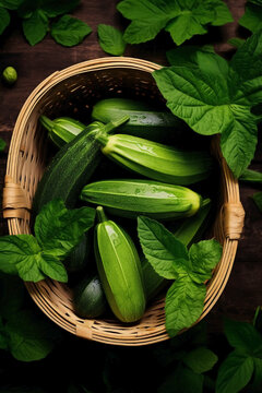 Top view of an assemblage of zucchini in a wooden basket on a green leaf background.