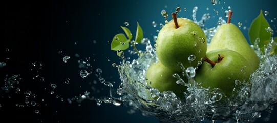 green pears splash of water dark background banner Generative AI © Denis S