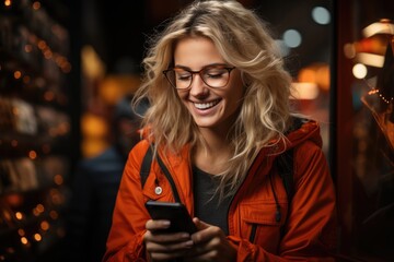 Happy woman browsing internet, using smartphone for online shopping outdoor