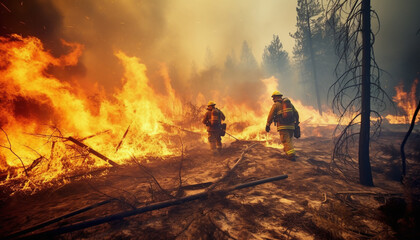 Dedicated firefighters battle fiercely against a raging wildfire, their valor and teamwork evident as they work to tame the uncontrollable inferno, risking their lives to protect the land and those in - obrazy, fototapety, plakaty