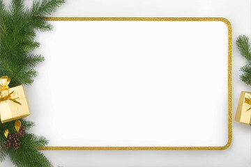 Christmas mood frame of gifts, green spruce, empty board print template, Christmas card, Copy...