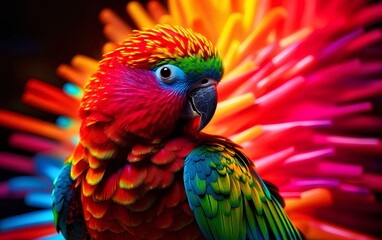 A beautiful bright parrot illuminated by rainbow light, an exotic bird.