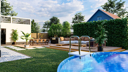 3D modeling and rendering of swimming pool design.