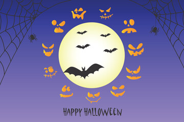 Happy Halloween banner or party invitation background with bats, ghosts and cobwebs. Vector illustration. Vector illustration