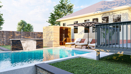 3D modeling and rendering of swimming pool design.