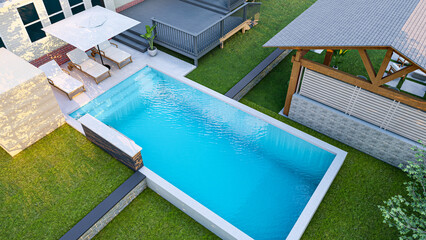 3D modeling and rendering of swimming pool design.